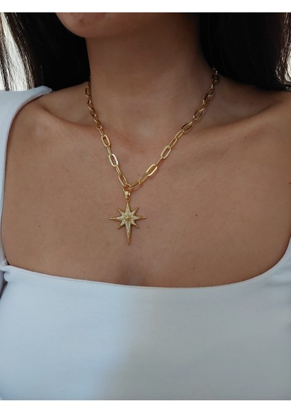 Kadın Gold Zirkon Taşlı Kutup Yıldızı Kolye