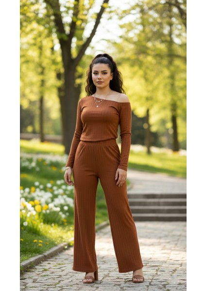 Ek Omuz Triko Takım | Fitilli Kiremit Rengi Geniş Paça Ikili Set fiyatları