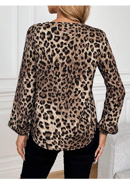 Kadın Uzun Kollu V Yakalı Modal Leopar Bluz modelleri