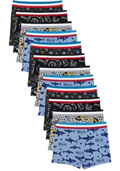 12'li Erkek Çocuk Boxer Renkli Desenli Set-Yumuşak Pamuklu Kumaş