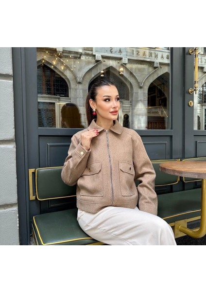 Zr Cepli Kısa Bomber Bej Kaşe Ceket