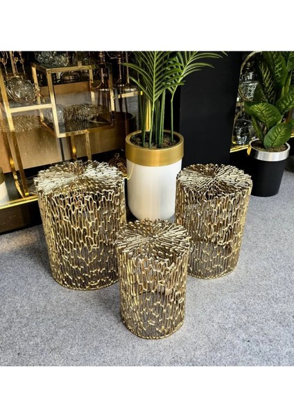 3'lü Pirinç Sehpa Dekoratif 39-44-48 cm