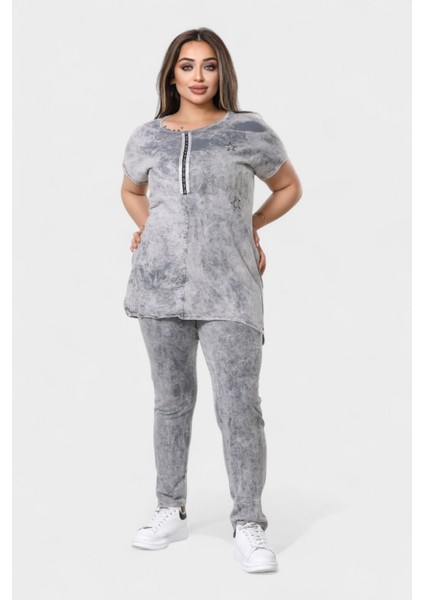Kadın Büyük Beden Yıkamalı Ikili Takım ( Şerit Yaka )
