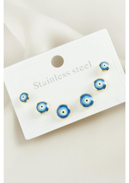 6 Adet Nazar Mineli Çelik Küpe