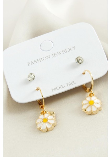 4 Adet Papatya Taşlı Mineli Halka Küpe