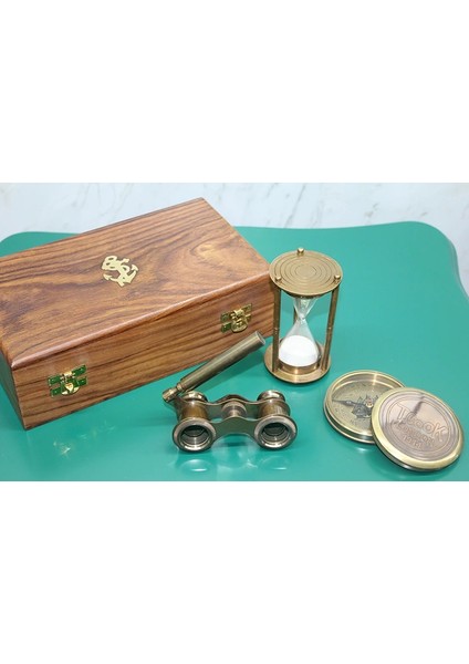 Ahşap Kutulu Pirinç Pusula,kumsaati,dürbün Seti 15682