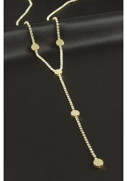 Yuvarlak Şerit Taşlı Çelik Y Kolye