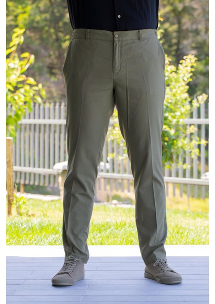 Flamlı Pamuk Düğmeli Erkek Yazlık Pantolon Haki Hk