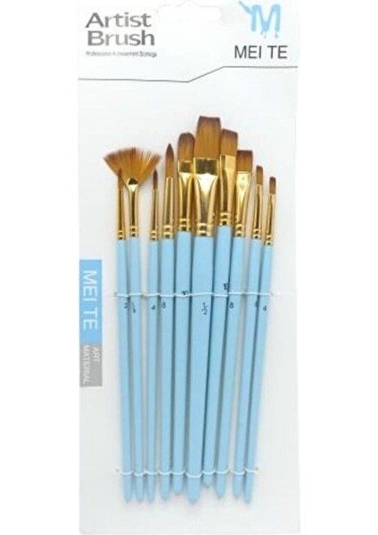 Akrilik & Yağlı & Guaj & Suluboya Fırça Seti 10'lu Yuvarlak ve Yelpaze ve Düz ve Kedi Dili Fırça