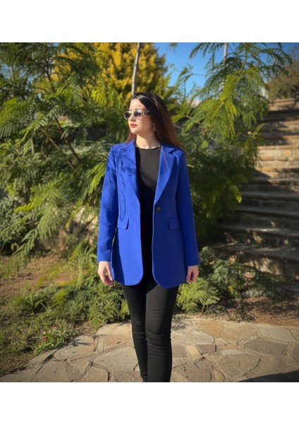 Saks Mavi Tek Düğmeli Astarlı Cepli Blazer Ceket | Tam Kalıp Kadın Ofis ve Şık Kombin Ceketi