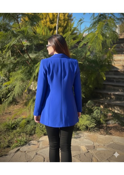 Saks Mavi Tek Düğmeli Astarlı Cepli Blazer Ceket | Tam Kalıp Kadın Ofis ve Şık Kombin Ceketi fiyatları