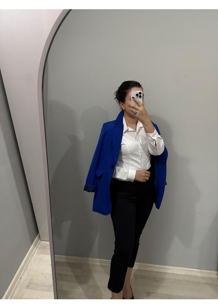 Saks Mavi Tek Düğmeli Astarlı Cepli Blazer Ceket | Tam Kalıp Kadın Ofis ve Şık Kombin Ceketi fırsatları