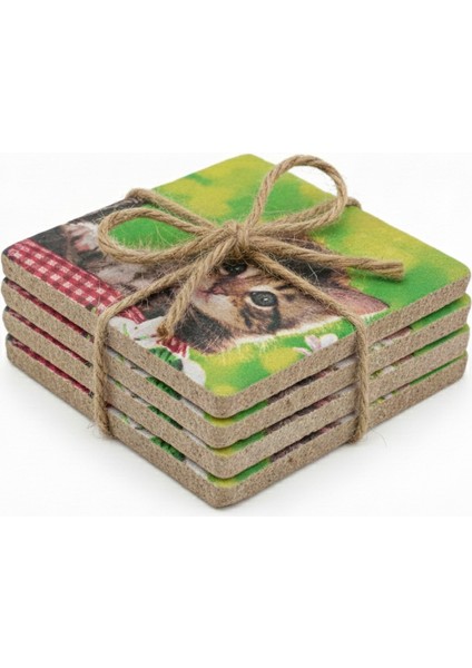 El yapımı!! Sınırlı Stok....Doğal Traverten Bardak Altlığı 4’lü Takım – Eskitme Kedi Desen – El Yapımı, Cila Kaplı fiyatları