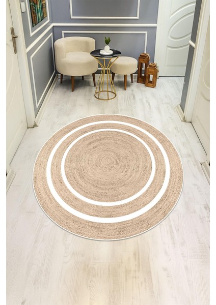 Çerçeveli Hasır Görünümlü Yuvarlak Dijital Baskı Kaymaz Tabanlı Halı H0837