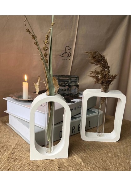 Modern Geometrik Cam Tüplü Vazo Set 2'li 12-16CM Taş Tozu