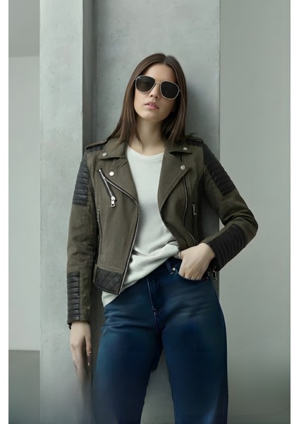Kadın Deri Detaylı Fermuarlı Ceket – Haki