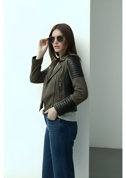 Kadın Deri Detaylı Fermuarlı Ceket – Haki fiyatları