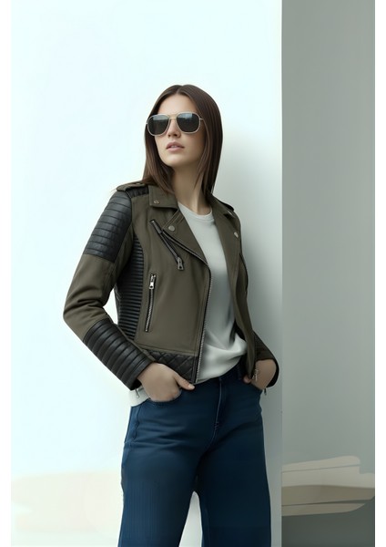 Kadın Deri Detaylı Fermuarlı Ceket – Haki modelleri