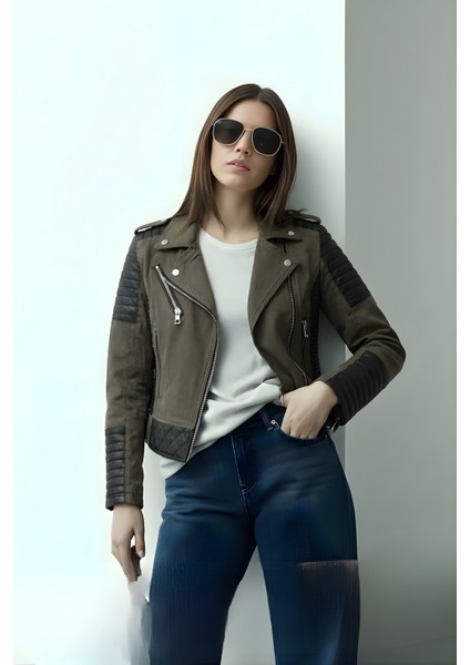 Kadın Deri Detaylı Fermuarlı Ceket – Haki fırsatları