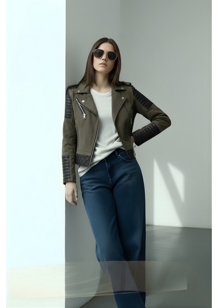 Kadın Deri Detaylı Fermuarlı Ceket – Haki indirimleri