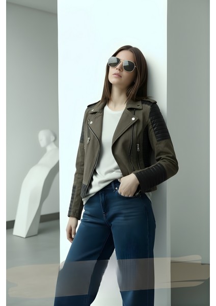 Kadın Deri Detaylı Fermuarlı Ceket – Haki