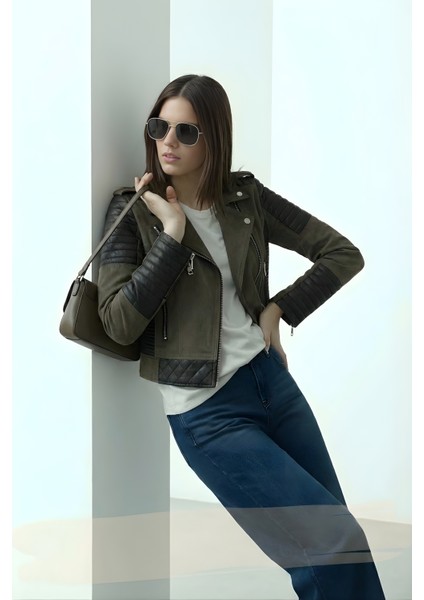 Kadın Deri Detaylı Fermuarlı Ceket – Haki