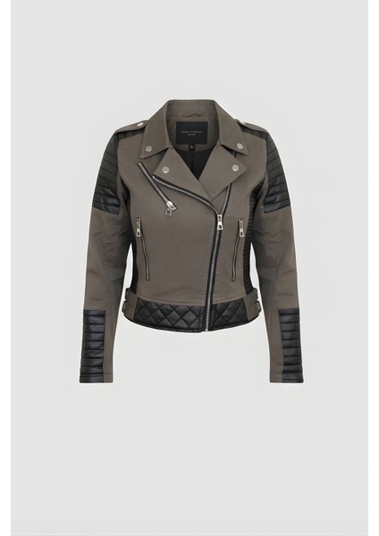 Kadın Deri Detaylı Fermuarlı Ceket – Haki