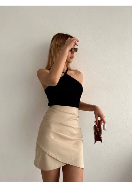 Yandan Drapeli Asimetrik Etek Bej fiyatları
