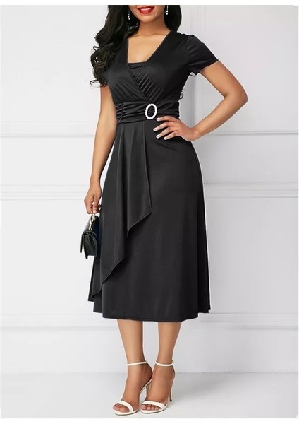 Kadın Kısa Kollu Kruvaze Yaka Kuşak ve Toka Detay Krep Elbise