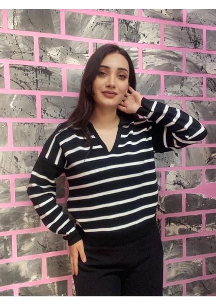 Polo Yaka Triko Çizgili Kazak