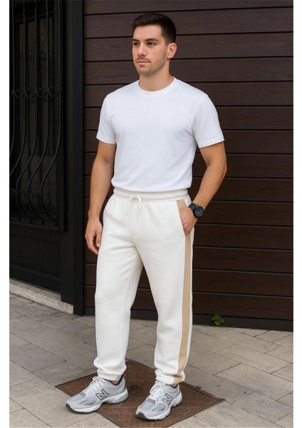 Erkek Üç Iplik Kışlık Pamuklu Yandan Garneli Kalın Bej Şeritli Cepli Eşofman Altı - Beyaz