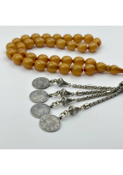 925 Ayar Dört Osmanlı Dönemi Sallantılı Buğulu Hamur Sıkma Kehribar Tespih