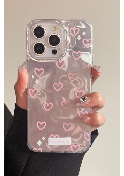 Apple iPhone 15 Pro Max Uyumlu Hologram Pembe Kalp Desenli Silikon Kılıf Darbeye Dayanıklı, Kapak