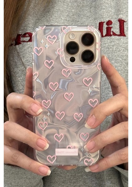 Apple iPhone 15 Pro Max Uyumlu Hologram Pembe Kalp Desenli Silikon Kılıf Darbeye Dayanıklı, Kapak indirimleri