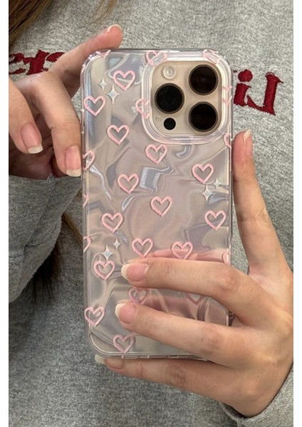 Apple iPhone 15 Pro Max Uyumlu Hologram Pembe Kalp Desenli Silikon Kılıf Darbeye Dayanıklı, Kapak