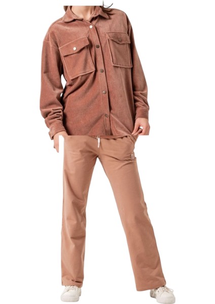 Kız Çocuk Kadife Kahverengi Renk Oduncu Gömlek Pantolonlu Oversize Kalıp Ikili Takım