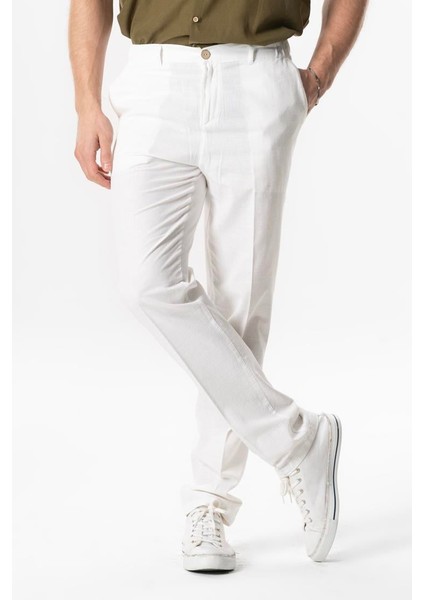 Flamlı Pamuk Düğmeli Erkek Yazlık Pantolon Beyaz Byz