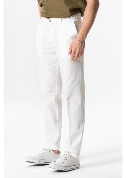 Flamlı Pamuk Düğmeli Erkek Yazlık Pantolon Beyaz Byz modelleri