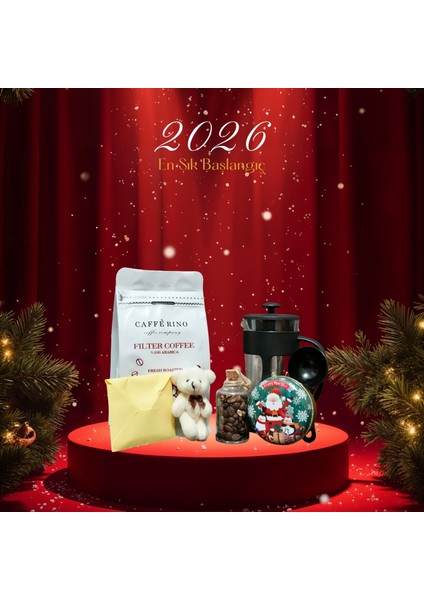 Fm Kahve Premium Yılbaşı Hediye Kutusu – 250G Filtre Kahve, French Press, Mum, Anahtarlık, Madlen Çikolata, Kahve Çekirdeği