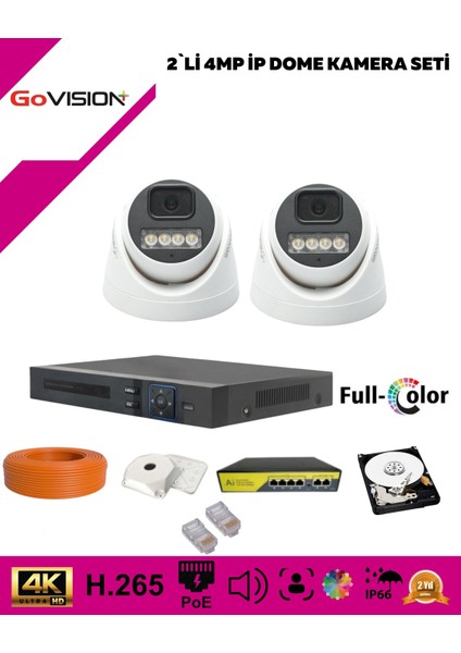 Go Vision 2'li Güvenlik Ip Kamera Seti - 4mp Kamera, 3.6mm Lens, H.265, Poe, Warm LED Gece Görüşlü