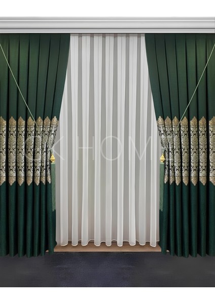 Pano Fon Perde Zümrüt Yeşili Damask Çiçek Desenli Fon Perde Sık Pile 1/3 Tek Kanat