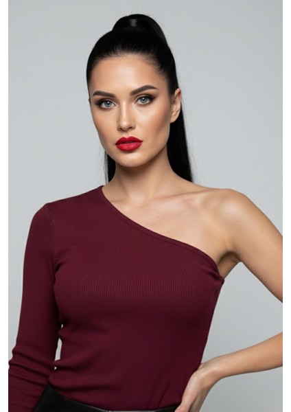 Bordo Tek Omuz Uzun Kollu Kaşkorse Kadın Bluz
