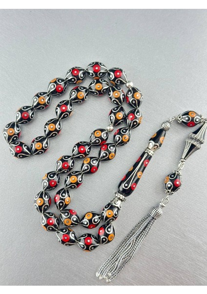 Erzurum Has Oltu Taşı Mercan ve Gümüş Işlemeli Tesbih