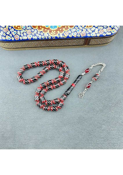 Kırmızı Galalit Işlemeli Oltu Taşı Tespih