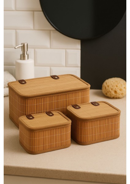 Bambu Kapaklı 3’lü Organizer Set – Mutfak, Banyo, Dolap Düzenleyici, Çok Fonksiyonlu Organizer