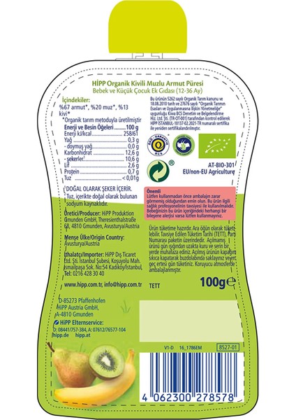 Organik Kivili Muzlu Armut Püresi 100 gr fiyatları