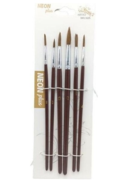 Guaj & Sulu Boya Ahşap Sap Doğal Kıl Yuvarlak Uçlu Fırça Seti 6'lı