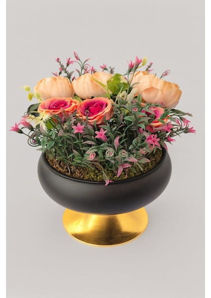 Ayaklı Siyah-Gold Saksıda Deluxe Şakayık & Gül Aranjmanı Premium