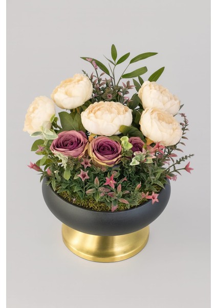 Ayaklı Siyah-Gold Saksıda Deluxe Şakayık & Gül Aranjmanı Premium modelleri