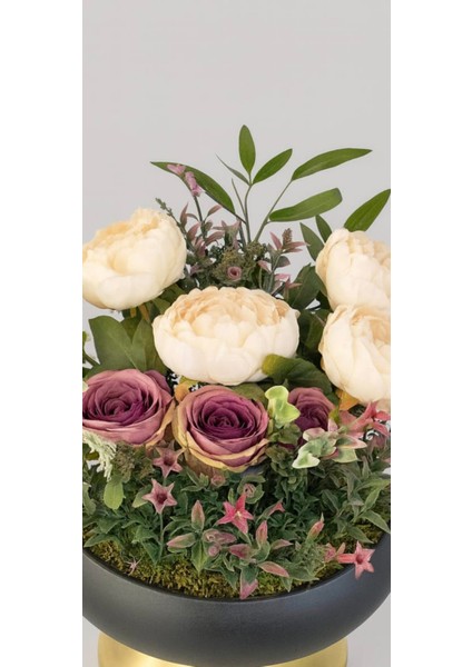 Ayaklı Siyah-Gold Saksıda Deluxe Şakayık & Gül Aranjmanı Premium fırsatları